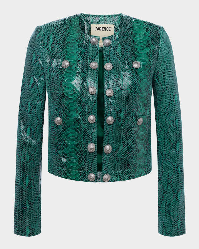 Jayde Collarless Snake-Printed Leather Jacket